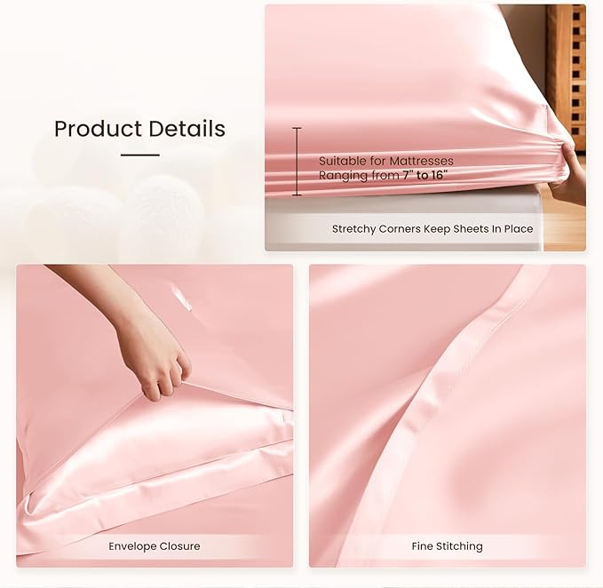 THXSILK Silk Sheet Set 4Pcs, 6A+ Top Grade 100% Natural Mulberry Silk Bed Sheets, Luxury Bedding Sets Ultra Soft Durable, 1 Fitted Sheet, 1 Flat Sheet and 2 Pillow Shams (Queen, Charming Pink)