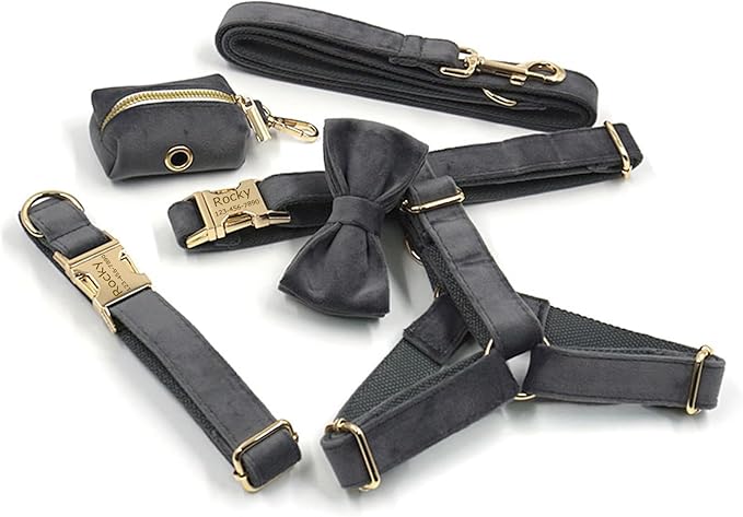 Personalized Velvet Dog Collars with Pet Name Phone Number Engraved, Custom Adjustable Soft Collar with Metal Buckle for Small Medium Large Dogs, Dog Leash and Bow Tie Available -Dark Grey