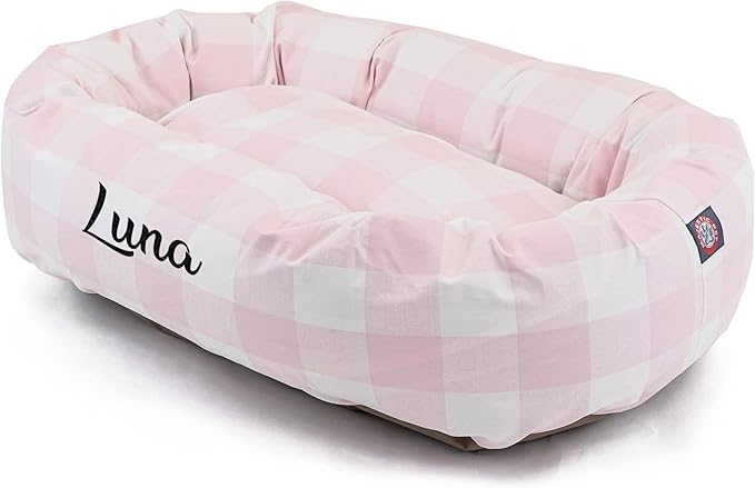 Majestic Pet Anderson Check Personalized Bagel Dog Bed | Donut Style Pet Bed with Custom Embroidered Pet Name | Various Fonts and Thread Colors Available (Small, Blush Pink)
