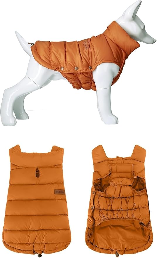 SPACE LION Dog Puffer Jacket, Down Winter Coat, Durable Outdoor Coat for Cold and Windy Conditions, Lightweight & Adjustable Fit Coats for Large Dogs,(Orange, Size24/2XL)