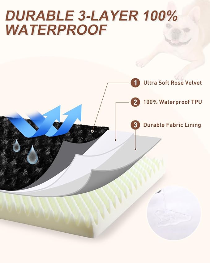 KSIIA Dog Crate Bed Waterproof Extra Large Dog Bed Soft Rose Velvet Supportive Kennel Pad Egg Crate Foam with Removable Washable Cover & Non-Slip Bottom, 47 x 29 Inch, Black