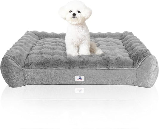Warm Fluffy Dog Bed for Large Dogs - 35" Faux Fur Pet Couch with Removable Washable Cover, Nonskid Bottom, Supportive Foam, Comfortable Dog Sofa Bed for Medium Large Dogs, Gray