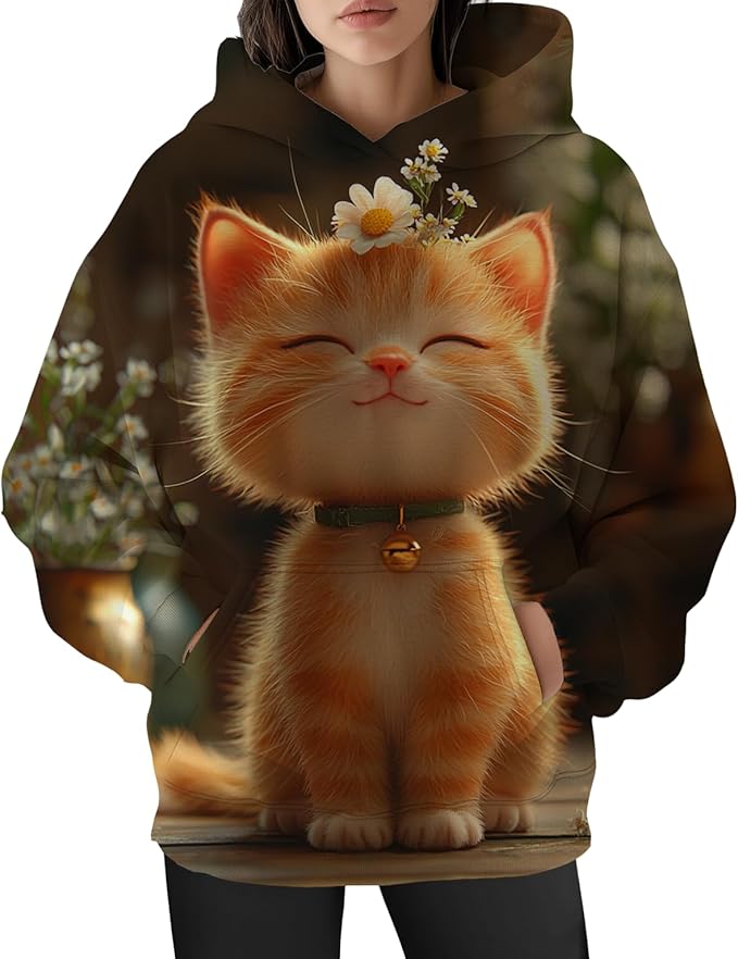 Womens Cat Print Hoodies Trendy Funny Cat Graphic Long Sleeve Sweatshirt Y2k Streetwear Hooded Pullover Tops