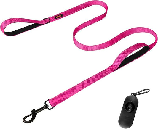 Heavy Duty Dog Leash with Double Handles - 6FT Reflective Anti-Pull Training Lead for Large Dogs, Padded Handle Durable Nylon Leash (Pink)