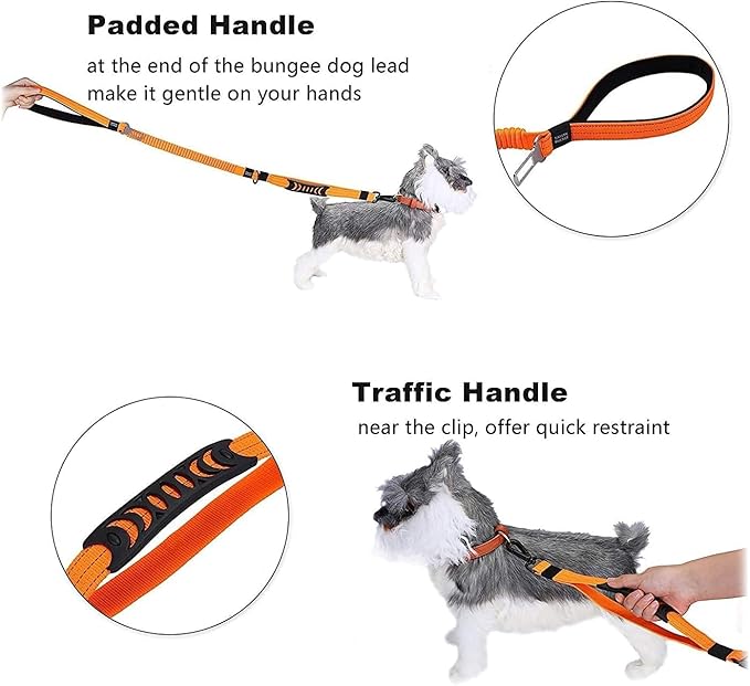 Heavy Duty Dog Leash Especially for Large Dogs Up to 150lbs, Reflective Dog Walking Training Shock Absorbing Bungee Leash with Car Seat Belt Buckle, 2 Padded Traffic Handle for Extra Control