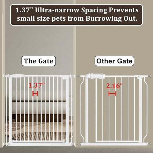 WAOWAO 1.37" Ultra Narrow Spacing Extra Wide Baby Gate 61.61-65.55" Pressure Mounted Walk Through Double Lock Swing Auto Close Safety White Metal Toddler Child Dog Pet for Indoor,Doorway,Kitchen