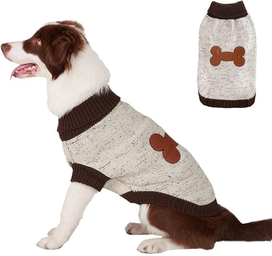 BINGPET Turtle Neck Knitted Dog Sweater,Dog Sweaters for Small Medium Large Dogs with Brown Bone Pattern,Puppy Winter Warm Cloth for Cold Weather Thermal Wear