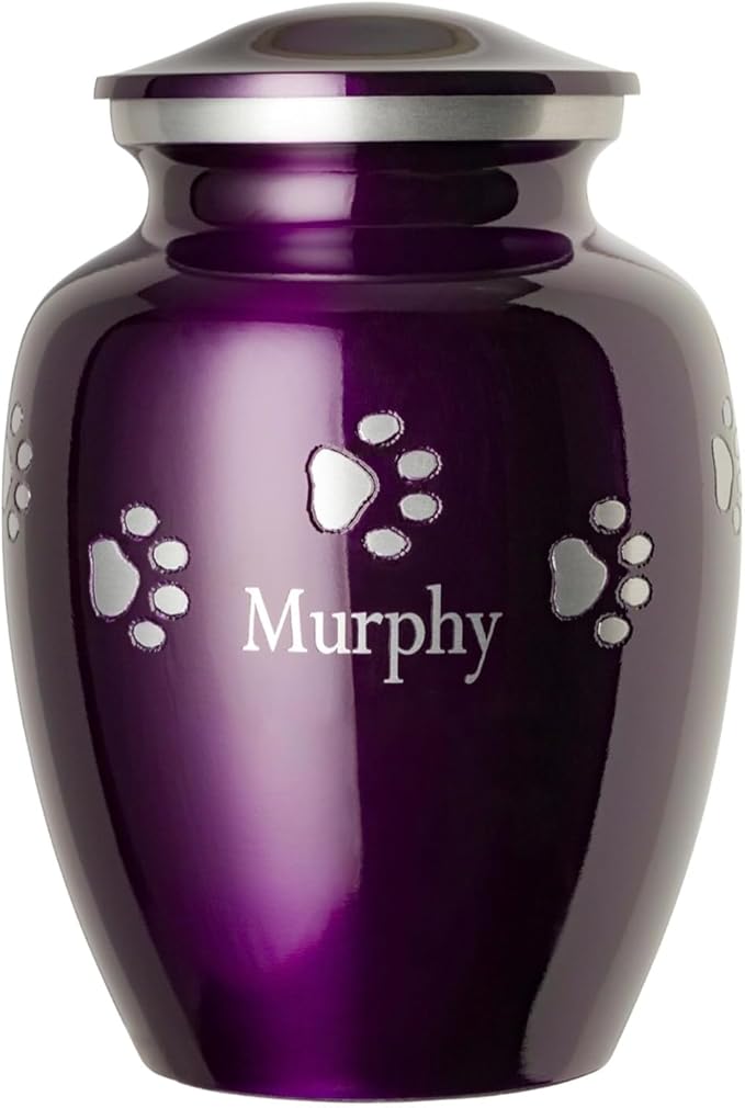 Pet Urn for Dogs and Cats with Personalized Laser Engraving, Ottillie Paws Premier Series Memorial Urns (X-Large Amethyst Purple with Horizontal Pewter Paws)