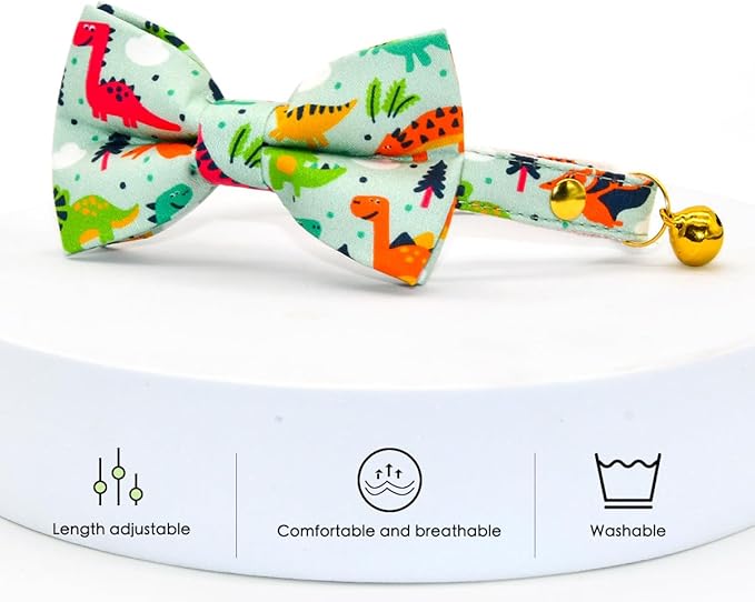 Cute Dinosaur Cat Bow Tie Collar, Sage Green Cat Collar, Breakaway Safety Collar, Wedding/Birthday Cat Accessories