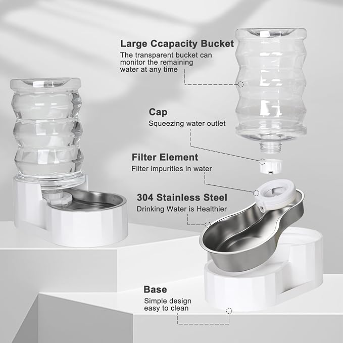 RIZZARI Large Gravity Water Dispenser: 8L Automatic Stainless Steel Dog Water Feeder with Specialized Brush and Triple Filter for Senior Pets with Spinal Problems - for Kitchen Living Room