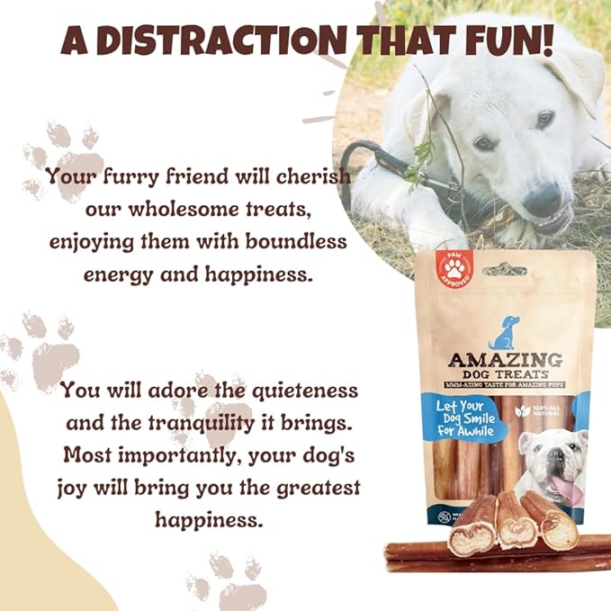 Amazing Dog Treats Bully Sticks 12 Inch - Extra Thick, Long Lasting - 5 Pcs/Pck