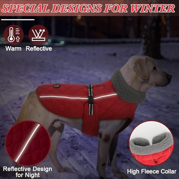 Winter Dog Coats, Warm Fleece Doggie Coat for Small, Medium and Large Dogs, Adjustable Dog Jacket Winter with Nylon Buckle, Reflective Safety Cold Weather Coats for Dogs, Red M