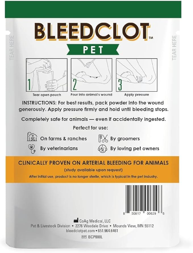BleedStop™ First Aid Powder for Blood Clotting (4x15g, Pouches) and BleedClot Pet First Aid Powder (4x0.5oz, Pouches)