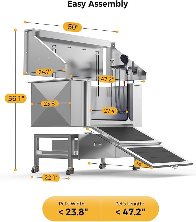 50'' Dog Bathing Station - 304 Stainless Steel, Leak-Proof Deep Soak, Dog Bathing Station, 27.4" Wide Ramp, Swivel Wheels, Dog Grooming Tub, Piano-Key Faucet, 2 Drawers for Medium & Small Pets