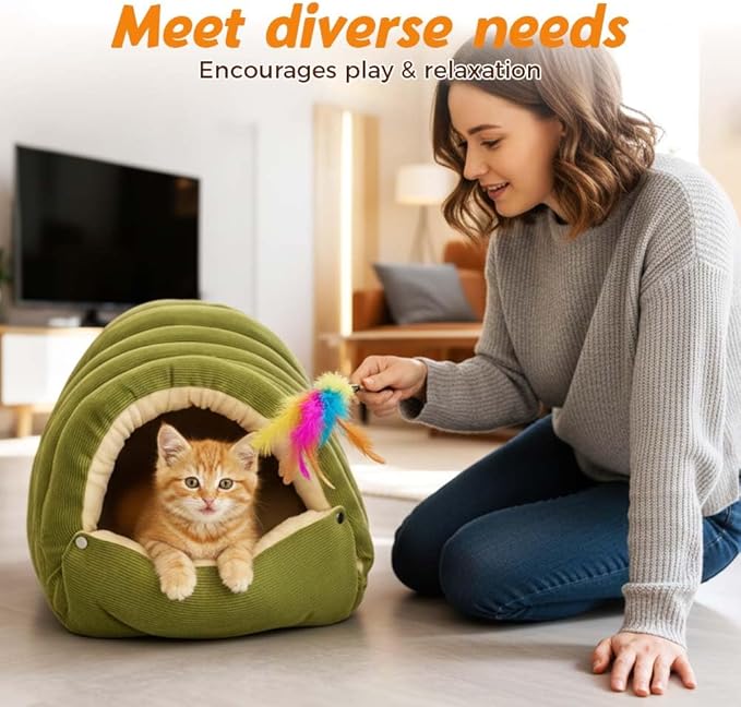 Cat Dog Cave Bed, 2026 New Winter Cave for Dog and Cat, Warm Plush Covered Cat House with Removable Cushion, Soft Sleeping Bed for Indoor Cats (Purple, Medium)