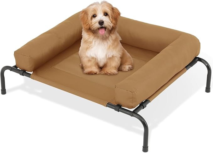 Athena Collection Outdoor Elevated Dog Bed with Removable Bolsters, 35.5 Inches Raised Dog Cot Washable with Metal Frame Non-Slip Feet for Small Dog Puppy, Brown