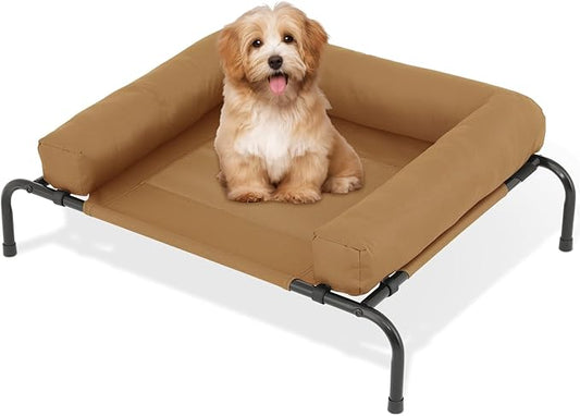 Athena Collection Outdoor Elevated Dog Bed with Removable Bolsters, 35.5 Inches Raised Dog Cot Washable with Metal Frame Non-Slip Feet for Small Dog Puppy, Brown