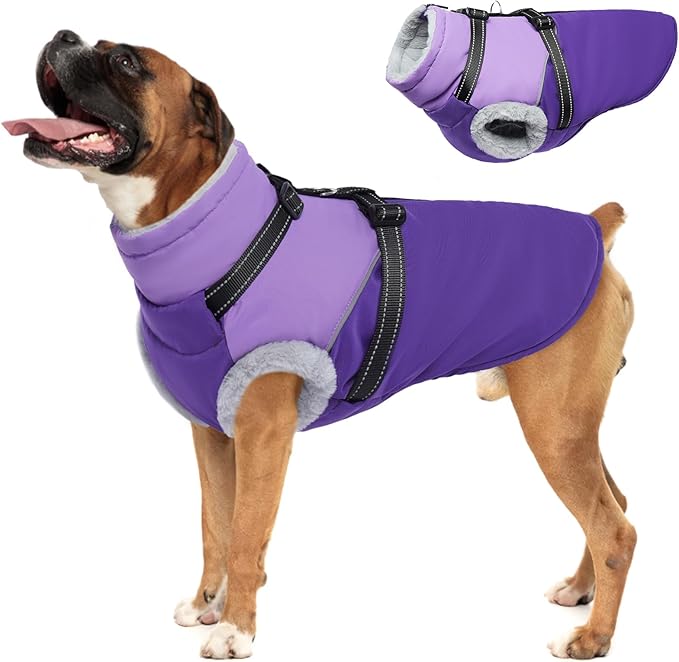 Warm Dog Coat with Harness - Waterproof, Windproof Zipper, Fleece Lined Puffer Jacket for Large Dogs, Winter Snow Jacket