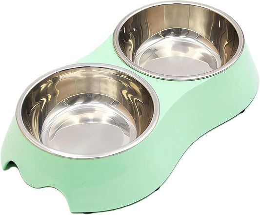 Small Green Double Pet Bowl – Non-Slip Stainless Steel Food & Water Set for Cats, Kittens & Small Dogs, BPA-Free Mess-Free Feeding Dishes