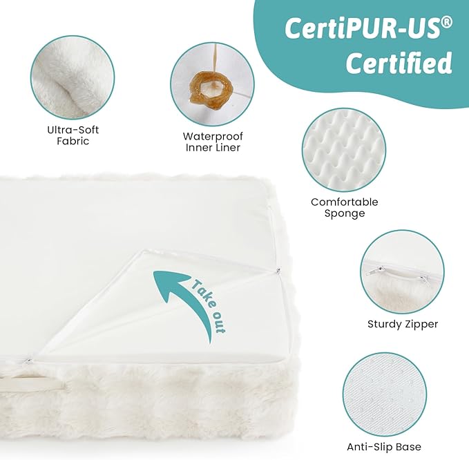 Orthopedic Dog Bed for Large Medium Size Dog, Faux Fur Pet Sofa, Foam Bolster Couch with Waterproof Lining Cover, Anti-Slip, Soft, Warm, Washable, C-Shaped, L 36x27x6.5 inch, Beige