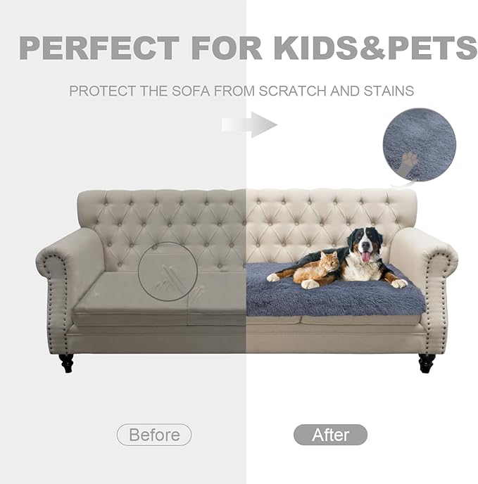 Dogs/Cats Bed Mats, Dog Pad Washable Removable Couch Cover with Anti-Slip Back, Plush Long Fur Mat, Perfect for Small, Medium and Large Dogs.(Navy Blue, 30"x53")