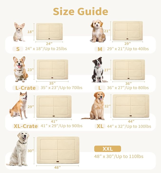 Made4Pets Dog Crate Pad Bed for Medium Dogs, Washable & Reversible, Anti-Slip Kennel Mat for Cozy Sleeping, Soft Fluffy Dog Bed for Indoor & Outdoor Use, 29"x21", Beige