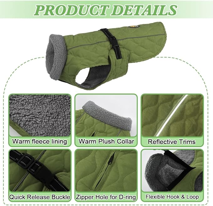 Dog Jackets, Furry Collar Winter Coats for Dogs with Fleece Lining, Water Resistant Reflective Winter Dog Jackets, Adjustable Warm Windproof Pet Coats for Large Dogs, Green L