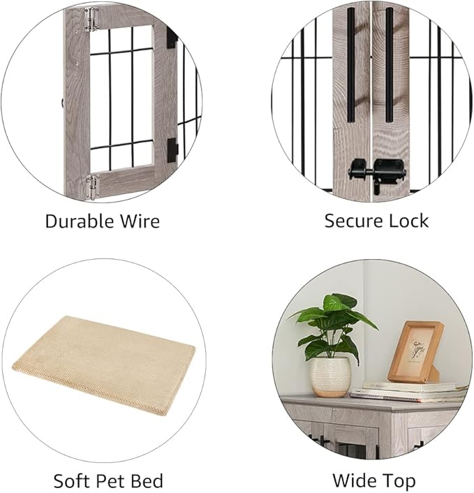 beeNbkks Furniture Style Dog Crate End Table, Double Doors Wooden Wire Dog Kennel with Pet Bed, Decorative Pet Crate Dog House Indoor Medium Large