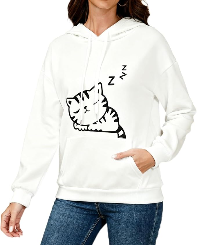 Women Girl Hoodies Cute Cat Ear Novelty Printed Pullover Sweatshirt