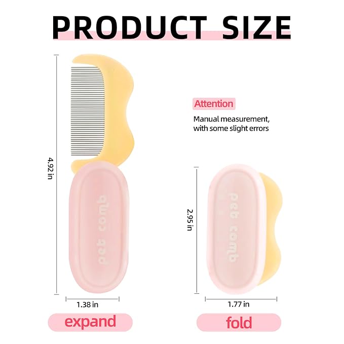 Foldable Cat Grooming Comb for Shedding and Face Care, Stainless Steel Brush for Tear Stains and Full-Body Hair, Portable ABS Handle for Cats and Small Dogs (pink‌ + yellow‌)