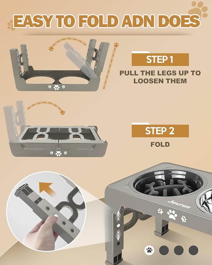 Elevated Dog Bowls, Dog Feeder with Stainless Steel Dishes & Slow Feeder Bowl, 5 Heights Adjustable Raised Stand for Medium Large, Food Dishes with Non-Slip Feet