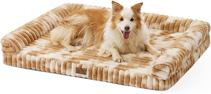 Cute Dog Bed for Large Dogs, Faux Fur Orthopedic Foam Dog Bed with Sides, Removable Washable Cover & Waterproof Lining, Comfortable Pet Couch, Tie-Dye Brown (44" L x 32" W x 7" Th)