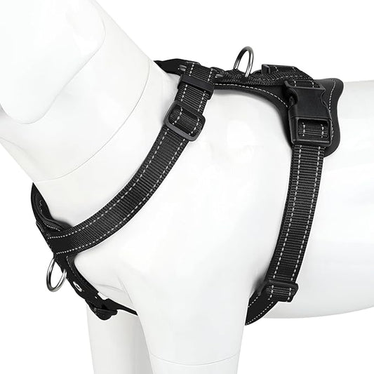 Plutus Pet Adjustable No Pull Dog Harness with Leather Accents, Heavy Duty Reflective Nylon Vest for Training, Hiking, Easy Walk Harness for Small, Medium, Large Dogs (Black, M)