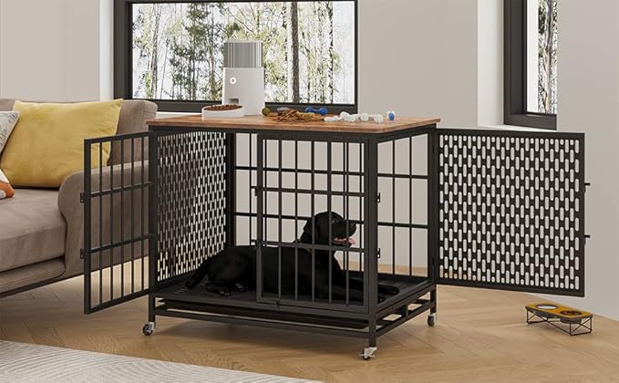 BOINN 42 inch Extra Large Dog Crate Furniture with Removable Trays, 3 Doors, 4 Wheels & 5 Locks - for Medium and Large Dogs