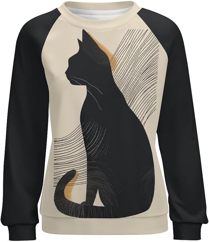 Biacolum Long Sleeve Shirts for Women Mid Century Retro Style Atomic Cat 3D Graphic Sweatshirts Fall Crewneck Pullover Top