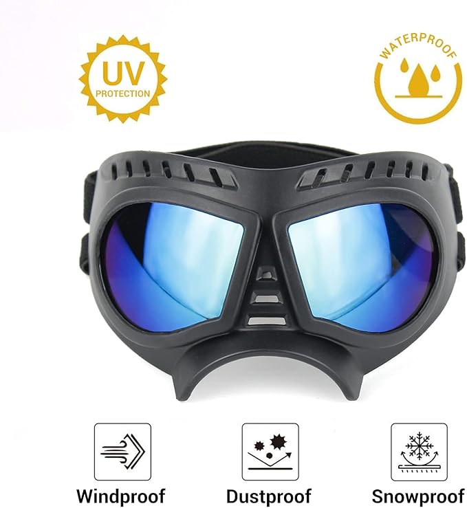 PETLESO Dog Goggles for Small to Medium Breeds, Small Dog Sunglasses UV Protection Windproof Snowproof, Outdoor Driving/Riding/Hiking Pet Eyes Protection, Soft Frame Adjustable Straps, Blue Lens