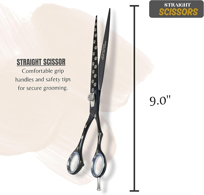 Pet Grooming Scissor Dog Blade scissor Pet Grooming Scissors Dog Hair Cutting Shears with Bag for Professional Right Hand Pet Groomer (Black Straight, 9.0")