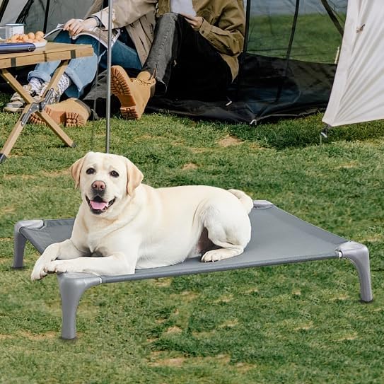 Elevated Dog Bed for Large Dogs, Easy to Assemble Raised Dog Cot with Pet-Friendly Feet, Aluminum Alloy Frame, Breathable Mesh (Light Grey)