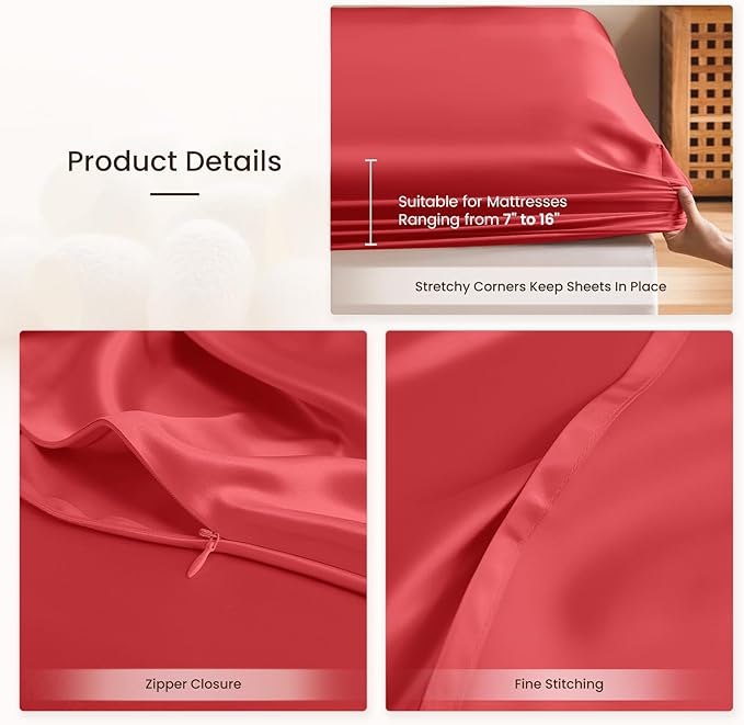 THXSILK Silk Sheet Set 4Pcs, 6A+ Top Grade 100% Pure Mulberry Silk Bed Sheets Ultra Soft Durable Luxury Bedding Sets Cooling, 1 Fitted Sheet, 1 Flat Sheet and 2 Pillowcases (Twin-XL, Red)