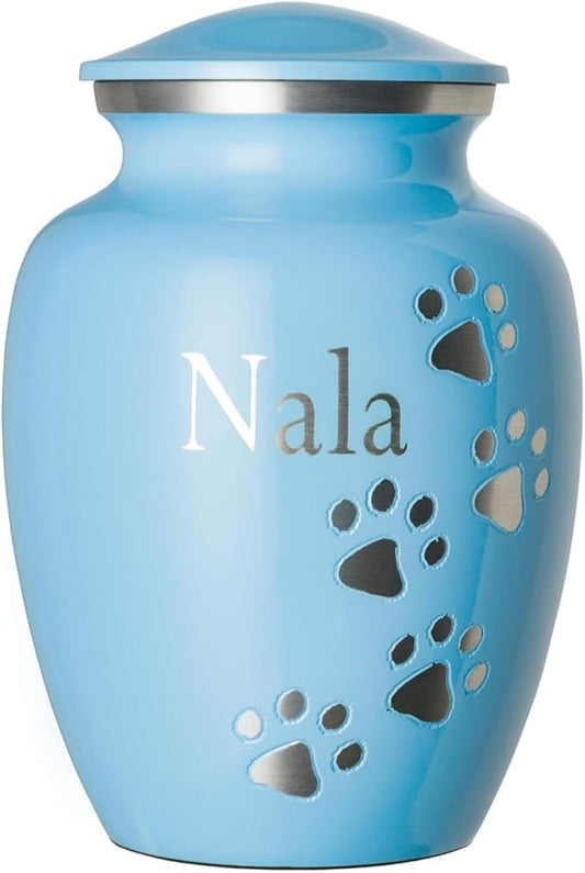 Pet Urn for Dogs and Cats with Personalized Laser Engraving, Ottillie Paws Premier Series Memorial Urns (Medium Baby Blue with Vertical Pewter Paws)