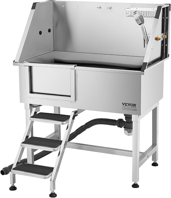 VEVOR 38 Inch Stainless Steel Dog Washing Station, Pet Grooming Tub with Hot & Cold Faucet, Showerhead, Home Wash Sink, Fits Small and Medium Cats and Dogs, Non-Slip Stairs (Left Door)