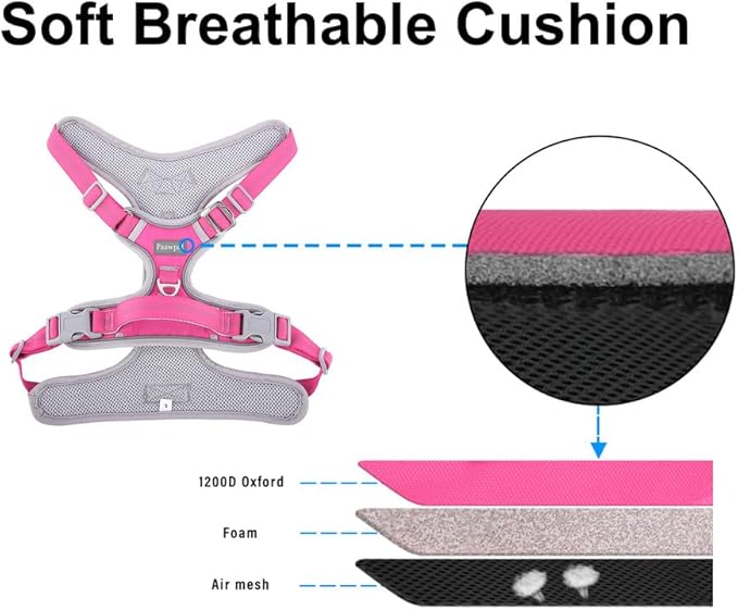 Adjustable Dog Harness - No Pull, Reflective, Soft Padded for Small, Medium, Large Dogs - Includes Leash Pink M