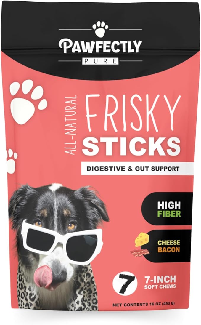 Pawfectly Pure Frisky Sticks Dog Treats, Cheese & Bacon Flavor, 7-Inch Soft Chews, High Fiber Digestive Support, 16 oz