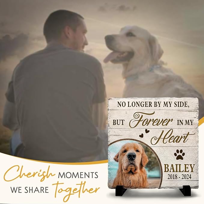 Personalized Pet Memorial Stones for Dogs - Dog Loss Rock with Paw Prints - Sentimental Gifts for Dog Owner and Pet Lover - Square Stone to Keep Dog Picture Frame