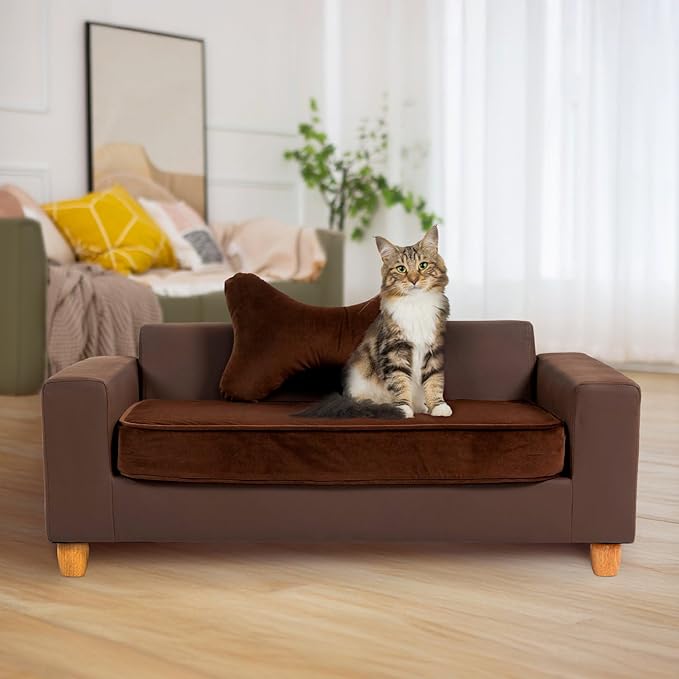 CRITTER SITTERS 43” Faux Leather Ped Bed in Brown, Durable Washable Sofa Couch for Large Cats & Dogs, Must Have Essential Furniture Accessory for Kittens & Puppies