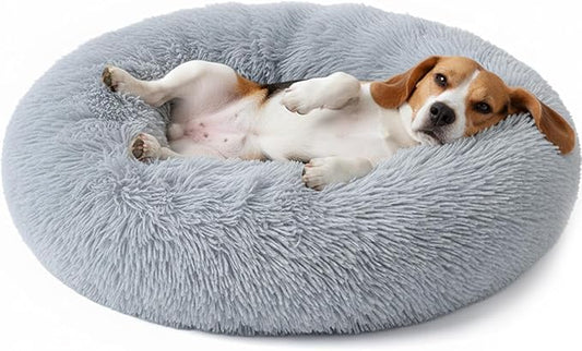 Medium Dog Donut Pet Bed, Round Soft Cat Cuddler for Calming, Anti-Anxiety Cozy Sofa, Fluffy Faux Fur Plush Cushion-31''-Grey