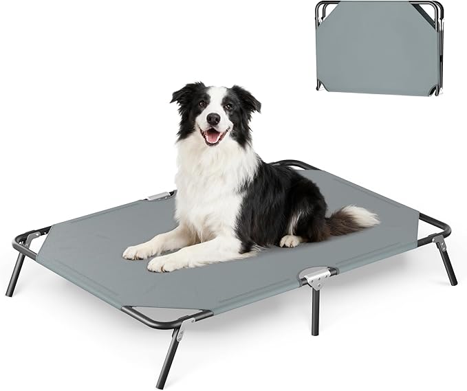 Elevated Outdoor Dog Bed for Large Dogs, Portable Folding Camping Dog Bed, Washable Elevated Pet Beds with No-Slip Feet, Raised Cooling Pet Beds for Indoor & Outdoor Use, Grey, 44 Inches