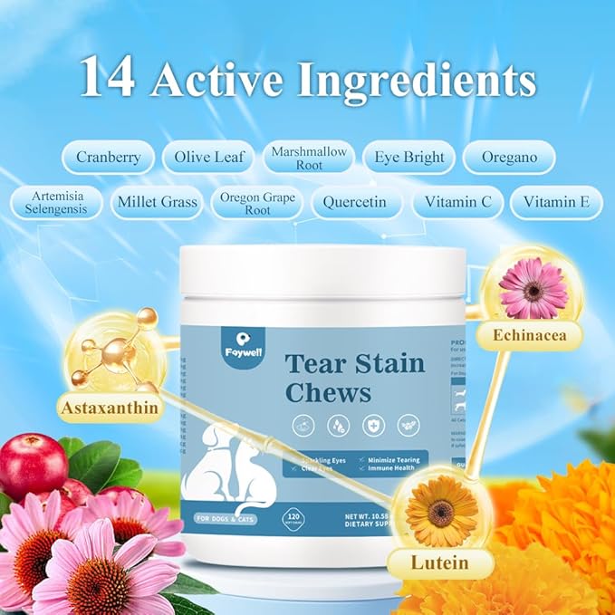 Tear Stain Chews Supplement for Dogs & Cats, Minimize Tearing, Lutein and Astaxanthin Support Eye Health, 120ct/300g