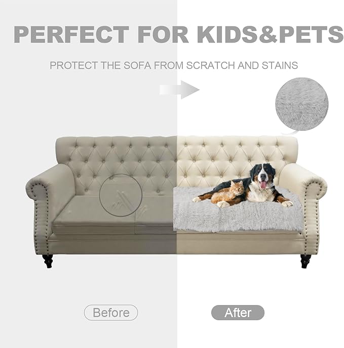 Dogs/Cats Bed Mats, Dog Pad Washable Removable Couch Cover with Anti-Slip Back, Plush Long Fur Mat, Perfect for Small, Medium and Large Dogs.(Light Gray, 30"x53")