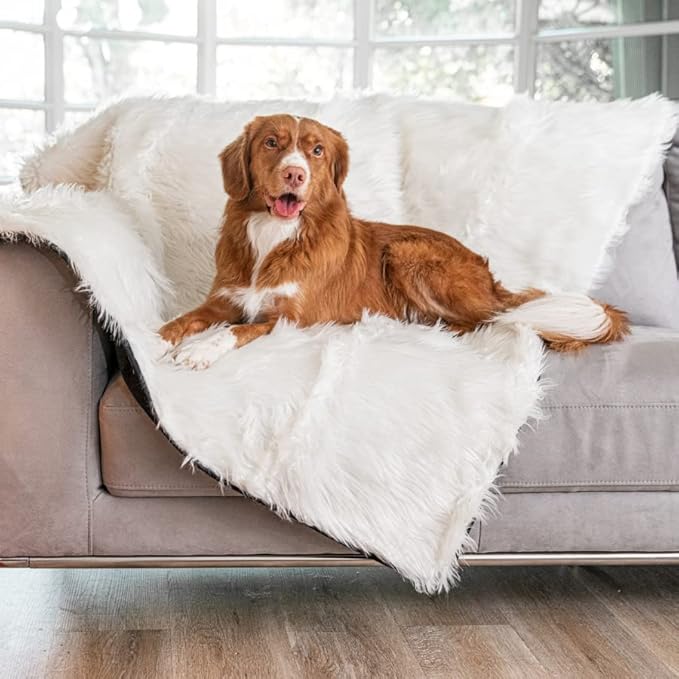 PAW BRANDS PupProtector Waterproof Throw Blanket for Dogs and Cats, Pet Blanket Cover for Couches, Sofas, Beds, Car Seats, Furniture, Calming Soft Faux Fur, Polar White, Original (60" L x 50" W)